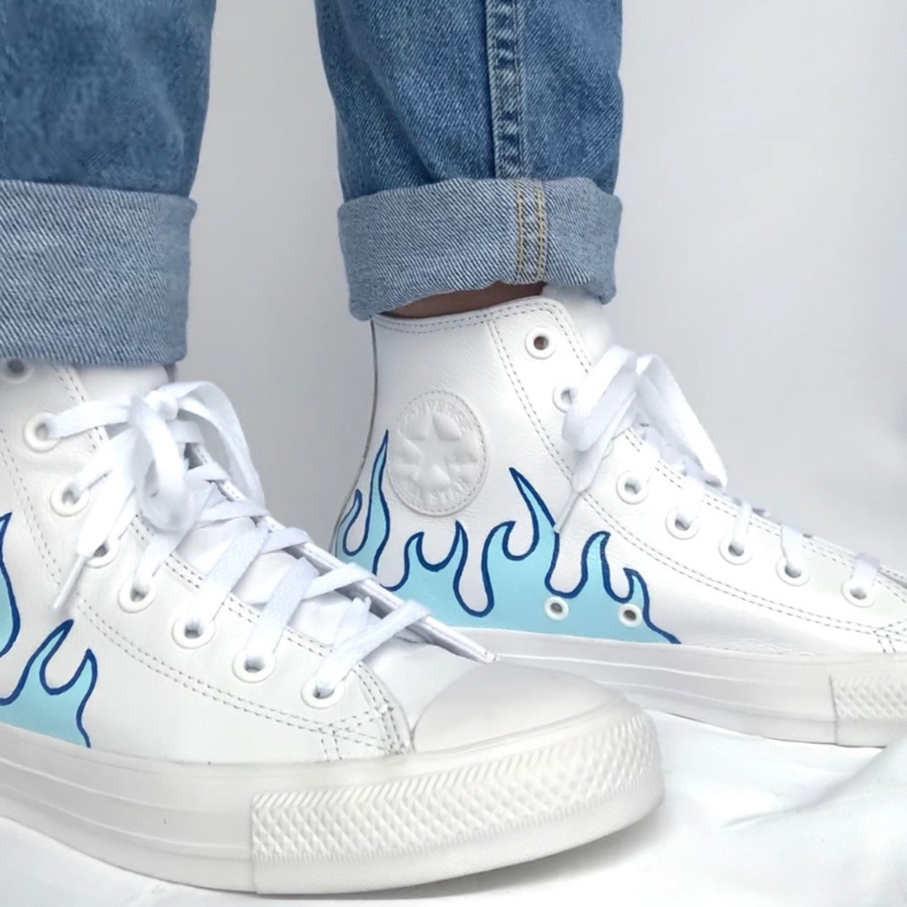 CUSTOM Hand Painted Blue Flame Leather Converse - Picture 2 of 5